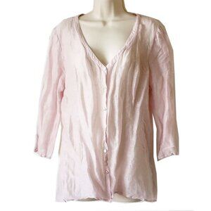 Eileen Fisher Linen Silk Button Down V-Neck Blouse L Pale Pink